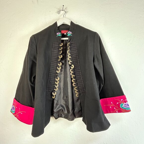 Silver Dragon De Oriental Classic Black Brocade Silk Jacket Gold Button Floral X - Picture 1 of 10